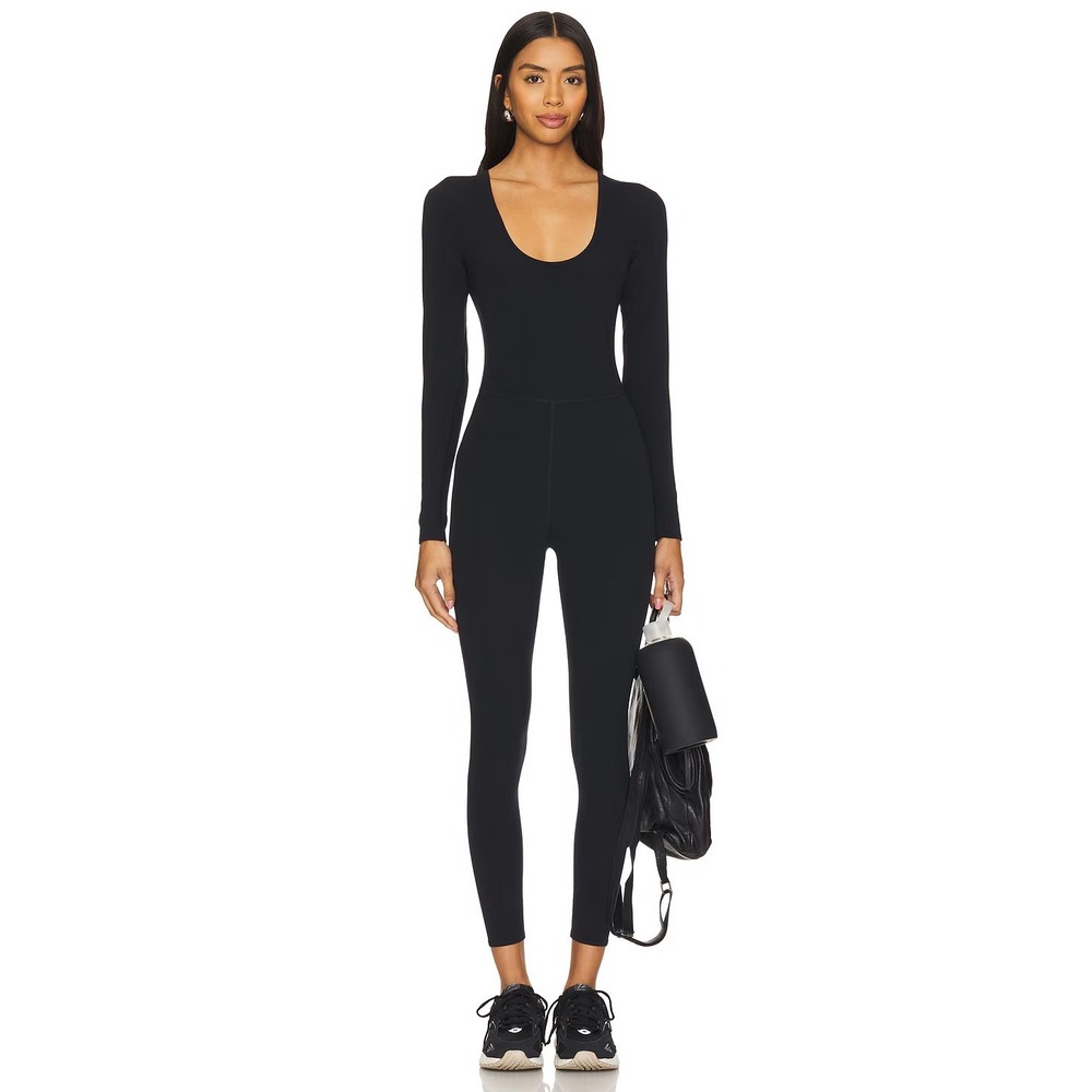 Mangopop Black Long Sleeve Ribbed Full Body Jumpsuit‎ Bodysuit Women's
